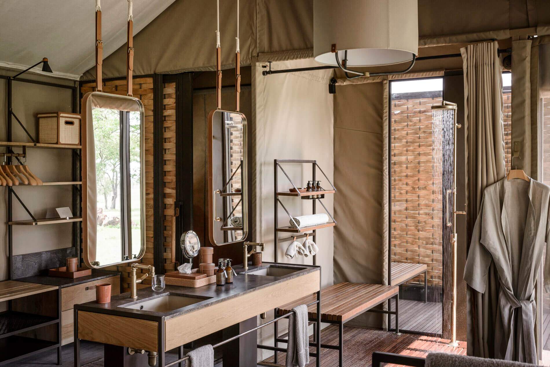 A bathroom with a wooden sink and mirror.