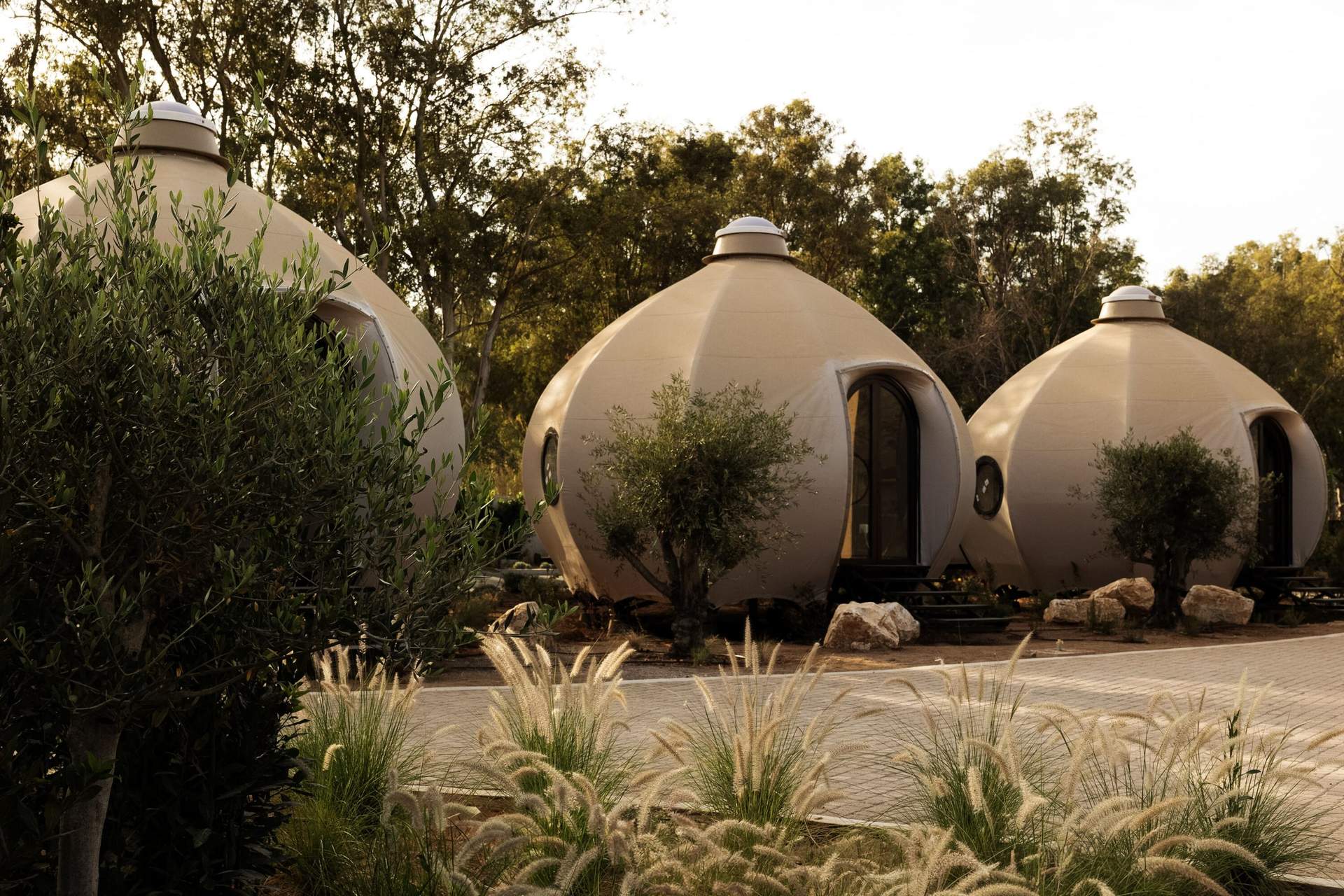 Three small houses with domed roofs and a tree in the background.