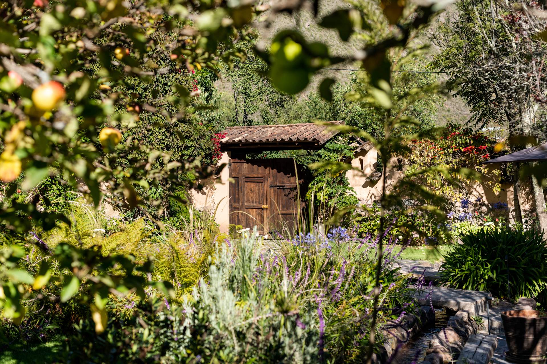 A wooden doorway with a thatched roof and a garden of flowers and plants in front of it.