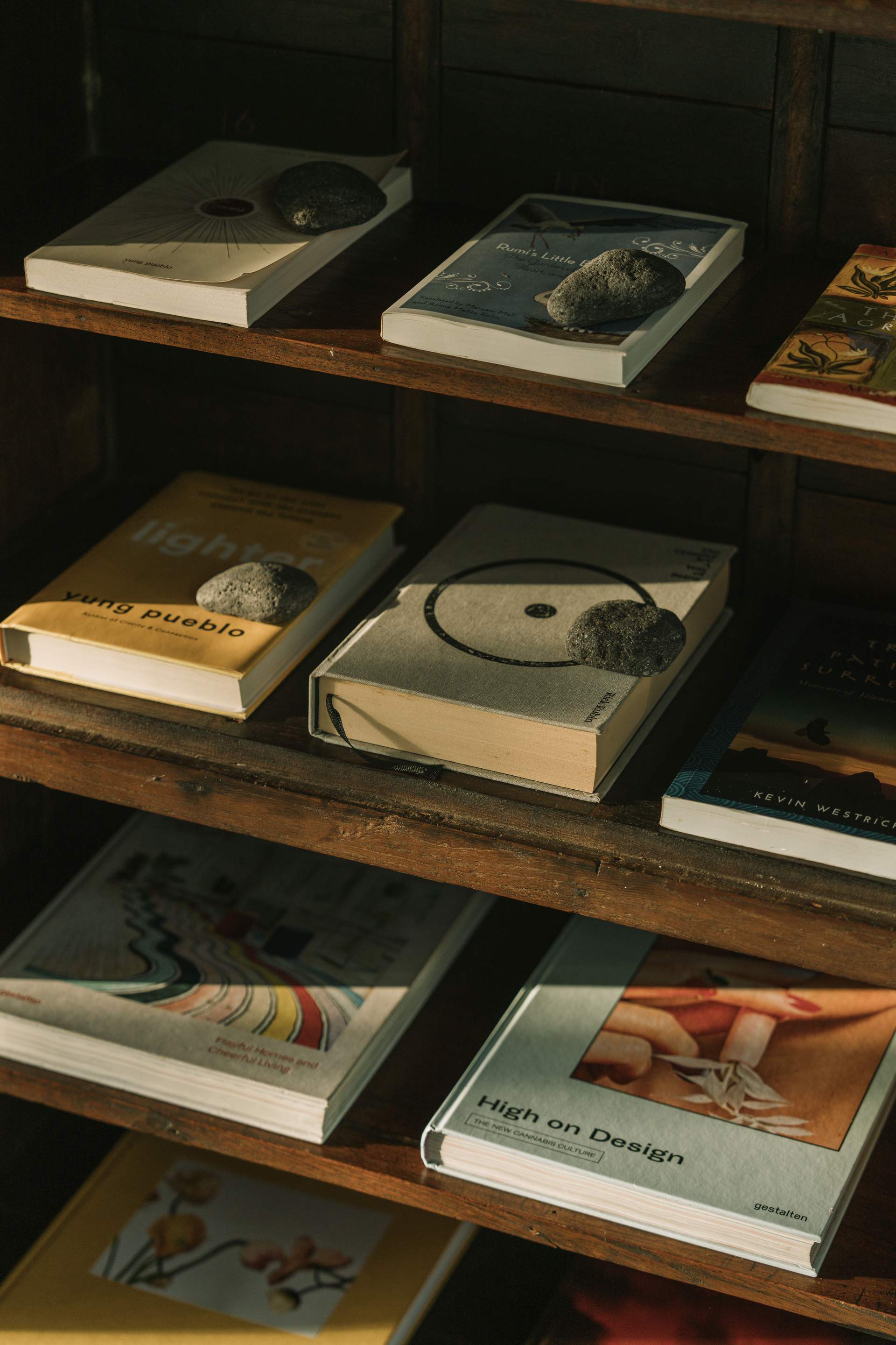 A wooden bookshelf with books and rocks on it.
