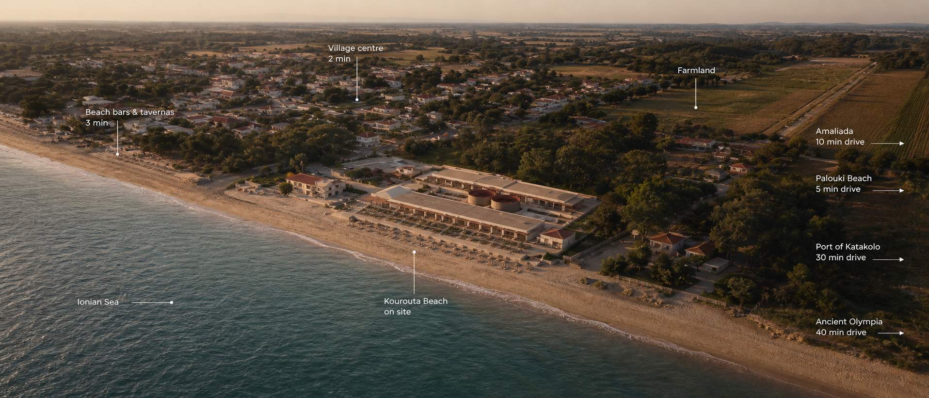 A map of a beach with a hotel and a village nearby.