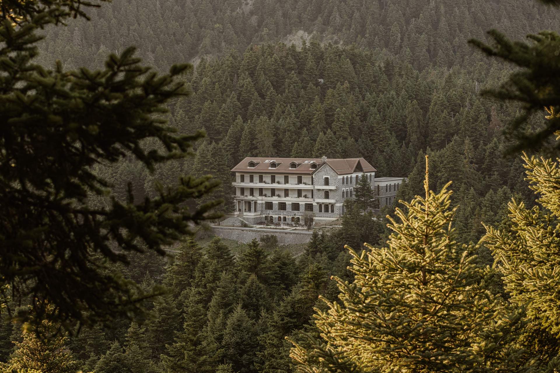 A large building in the woods with a yellow roof.