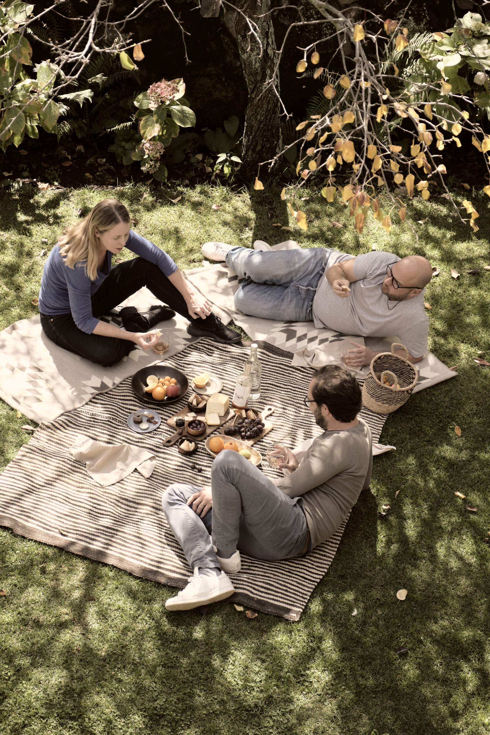 Three people sitting on a blanket in a park, enjoying a picnic with fruit and wine.